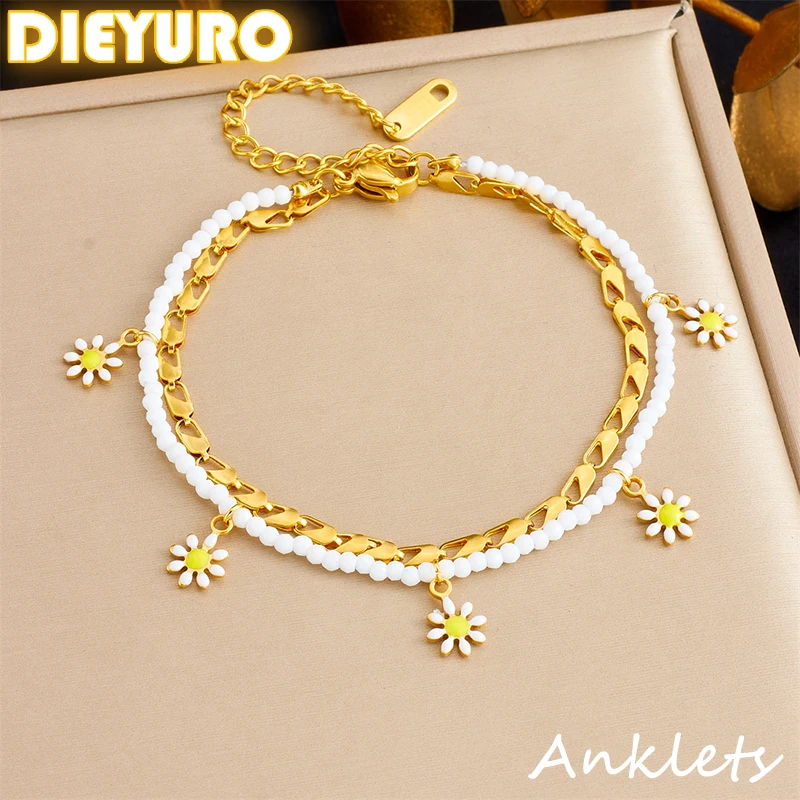 DIEYURO 316L Stainless Steel White Small Flower Oil drop Double Layer Anklets For Women Waterproof Foot Chains Jewelry Gift