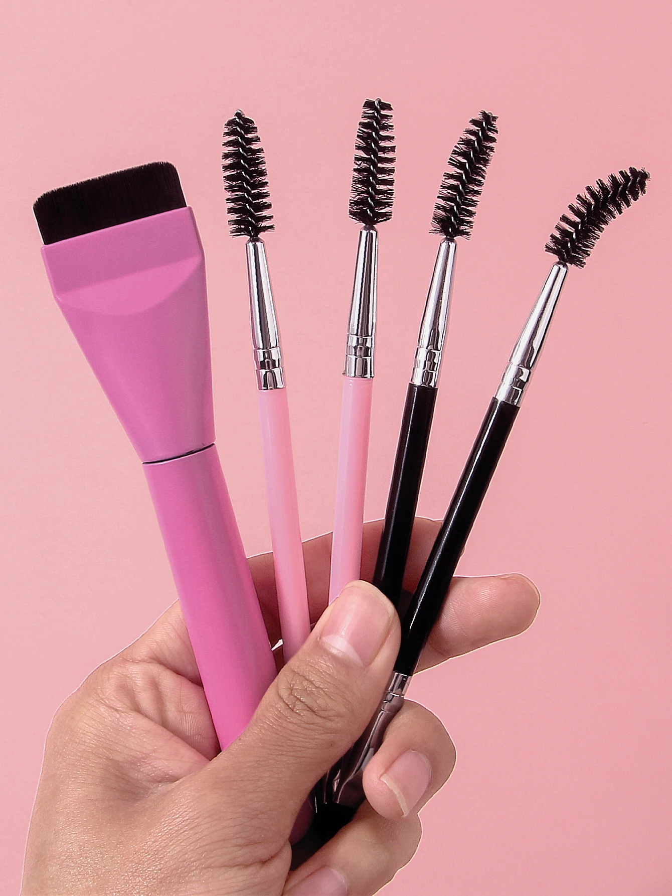 5피스 휴대용 메이크업 브러쉬 세트: 핑크 파운데이션 브러쉬+4개 양면 눈썹 및 속눈썹 브러쉬, 여행 및 일상 사용에 적합