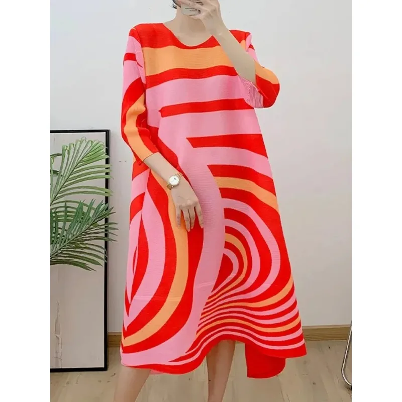 

GGHK Miyake 2023 New Women Striped Printed Pleated Dress Patchwork Color Loose Plus Size Design Dresses Female Casual Clothing