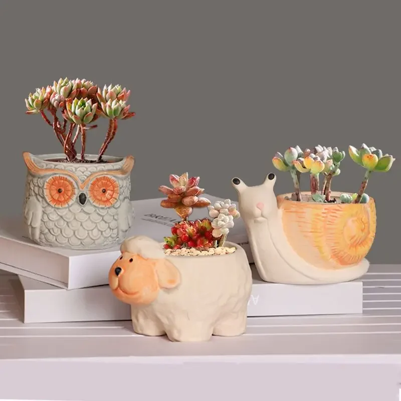 Cartoon Animals Succulent Ceramic Flowerpot Ceramic Exquisite Cute Plant Storage Box Large Diameter Bonsai Pot Home Decoration