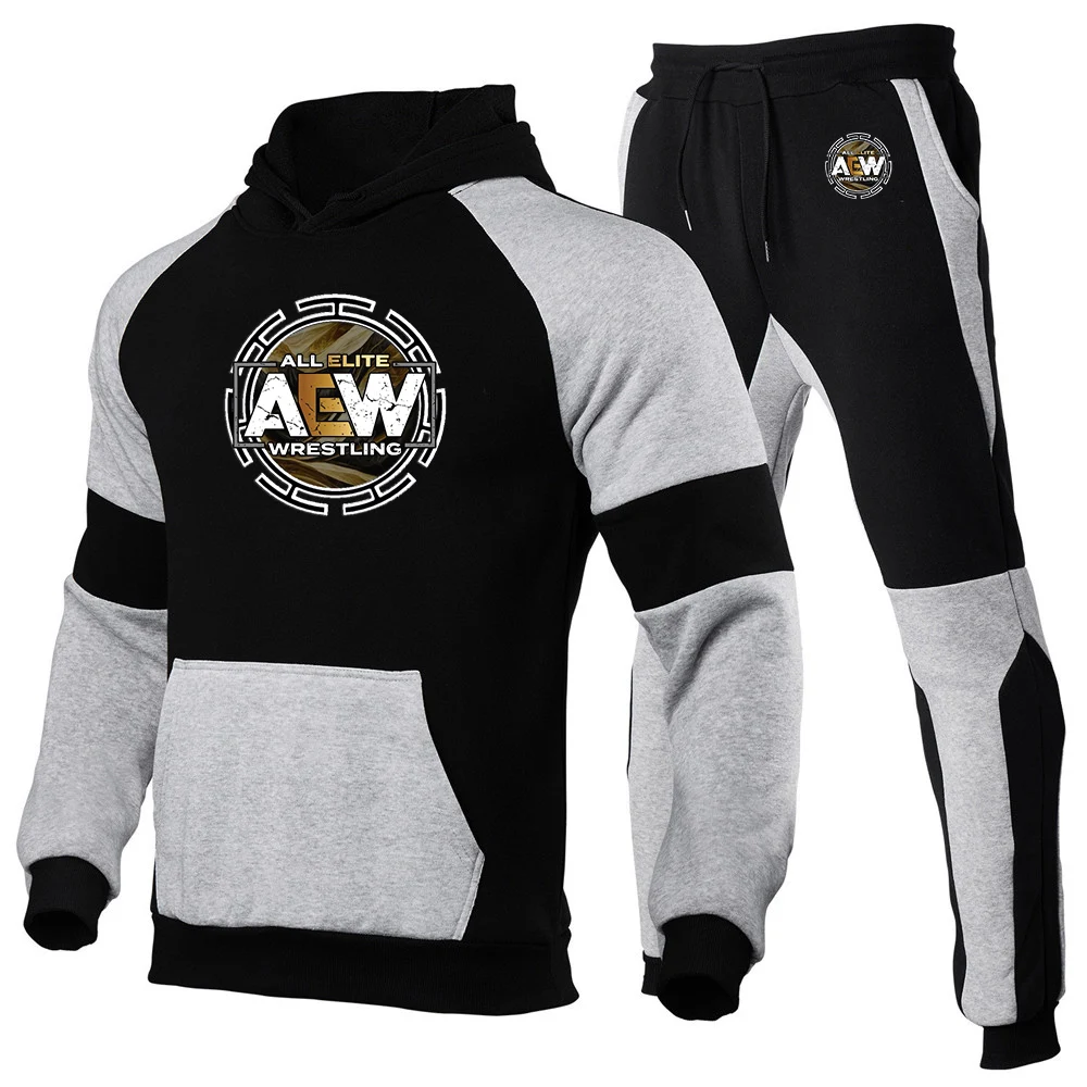 

2026 All Elite AEW Wrestling AEW Print Spring And Autumn Men's New Patchwork Color Set Fashion Hoodies+Long Pants Sports Suit