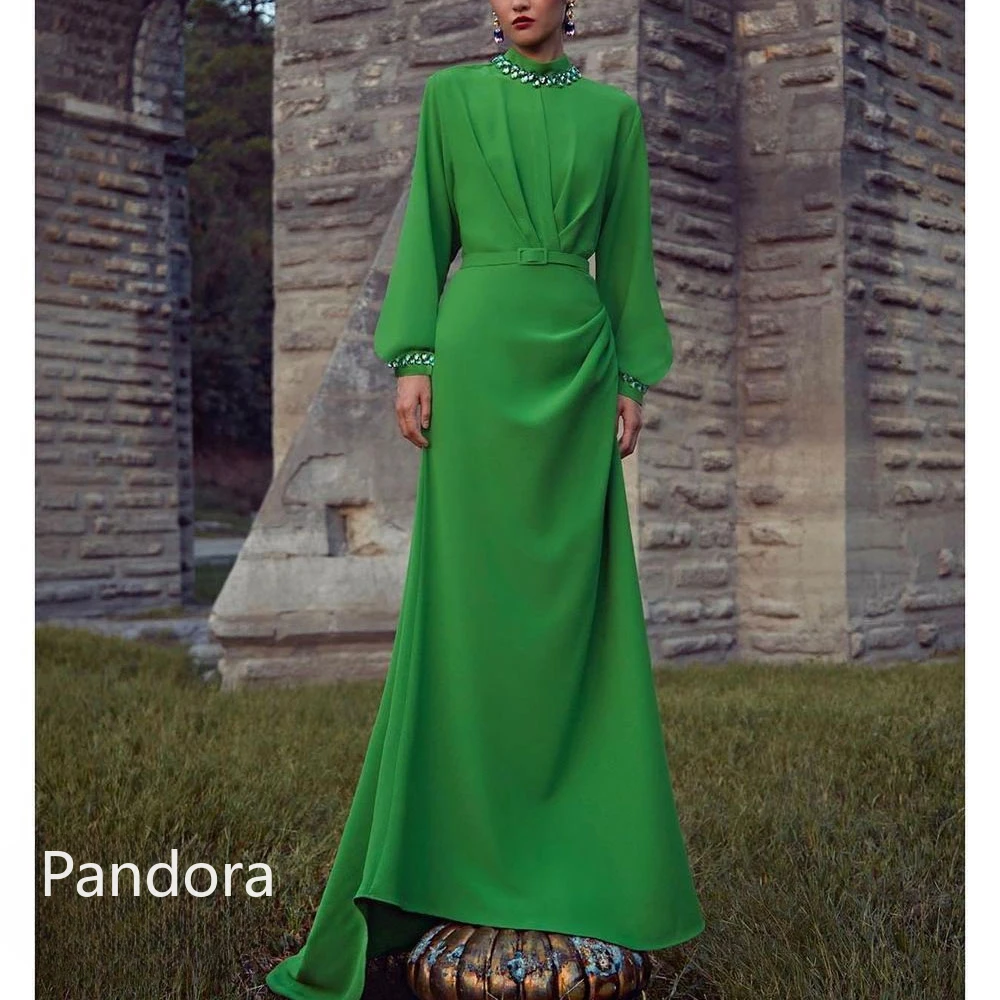 Pandora High Neck Dubai Prom Dress Full Sleeves With Floor Length Evening Dress Women Birthday Wedding Party Formal Gowns Arabia
