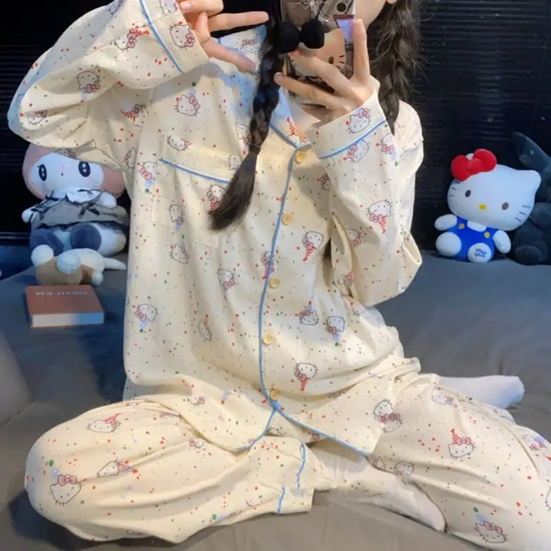 Hello Kitty Kawaii Brown Striped Pajamas and Girls Long-Sleeved Tops Ins Sanrio Sweet Cardigan Casual Home Wear Set Hot