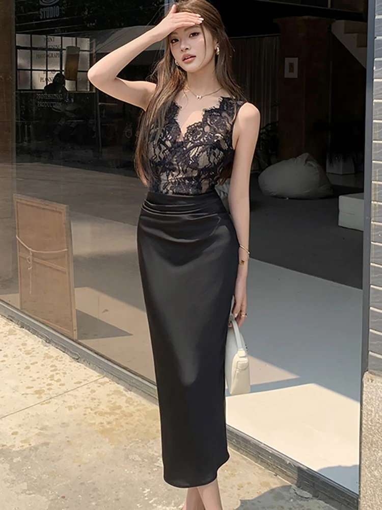 サマーピンクサテンパッチワークレースジャカードミディドレス レディース エレガントVネック スリングドレス 2025 韓国 ボディコン フェスティバル イブニングドレス