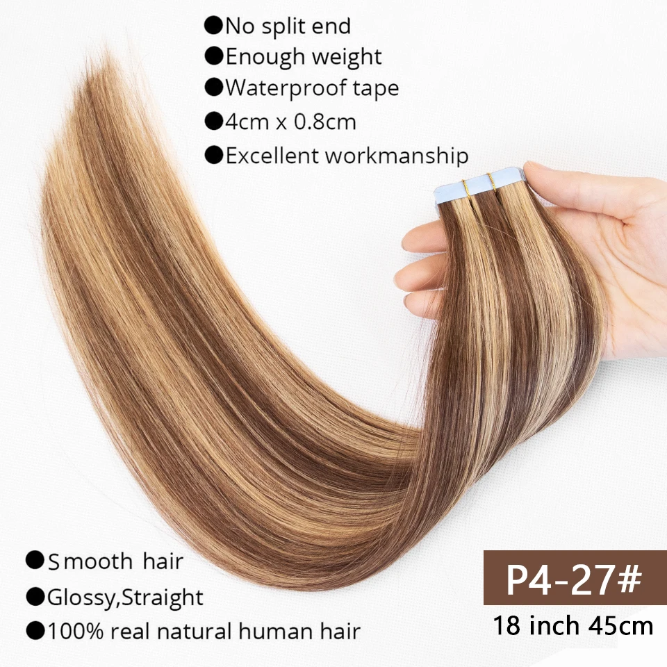 Nastro nelle estensioni dei capelli Capelli umani Biondi PU Nastro senza cuciture Estensioni dei capelli 4x0,8 cm Trama della pelle Nastro in PU sui capelli 20 pezzi 12 "-24"