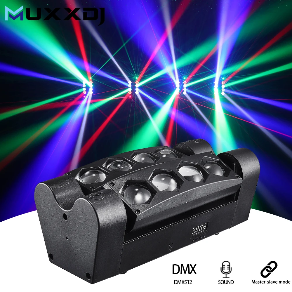 

MUXXDJ Мини-светодиодный светильник 8x3 Вт RGBW Spider Moving Head Light 4-в-1 DMX512 Эффект света для KTV DJ Bar Stage Disco Lighting