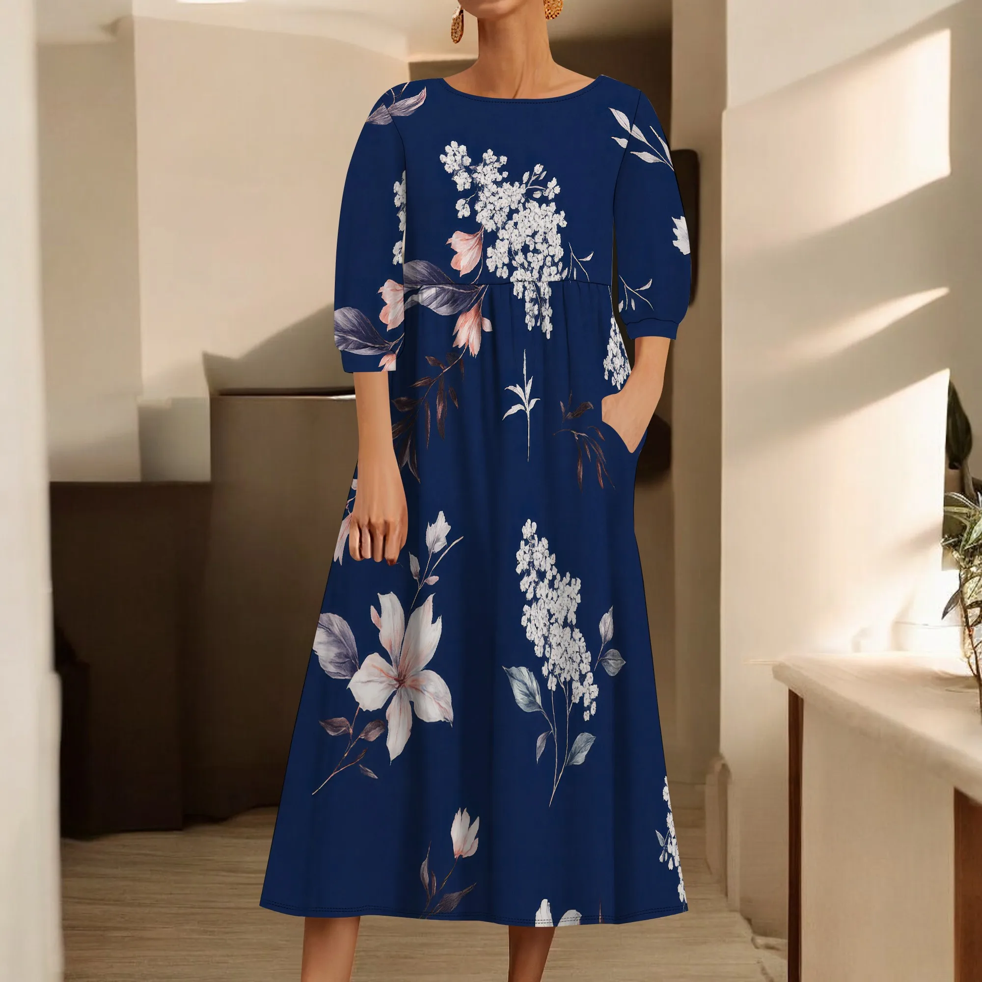 

Dress Women Long Womens Boho Floral Print Loose Fit Casual Summer 3/4 Sleeve Crewneck Long Dress with Pockets