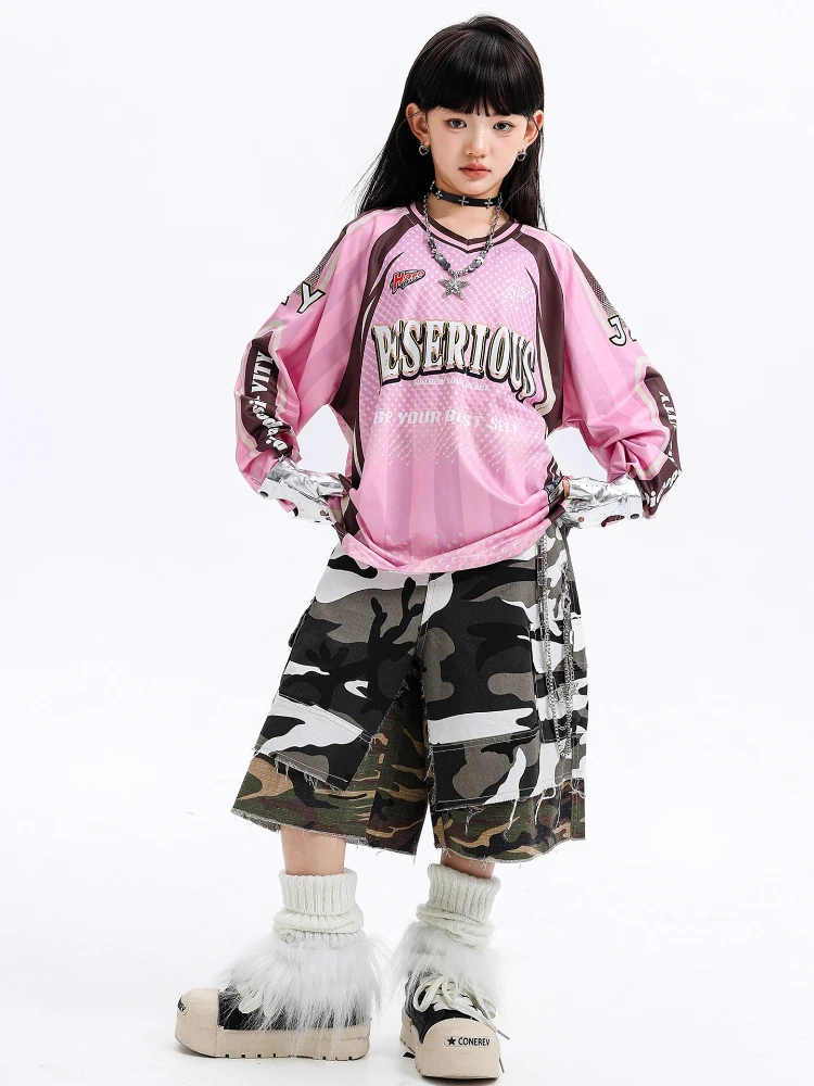 

Girls Jazz Dance Clothes Fashion Pink Long Sleeve Tops Camouflage Shorts Cool Hip Hop Performance Outfit Stage Show Clothing Set