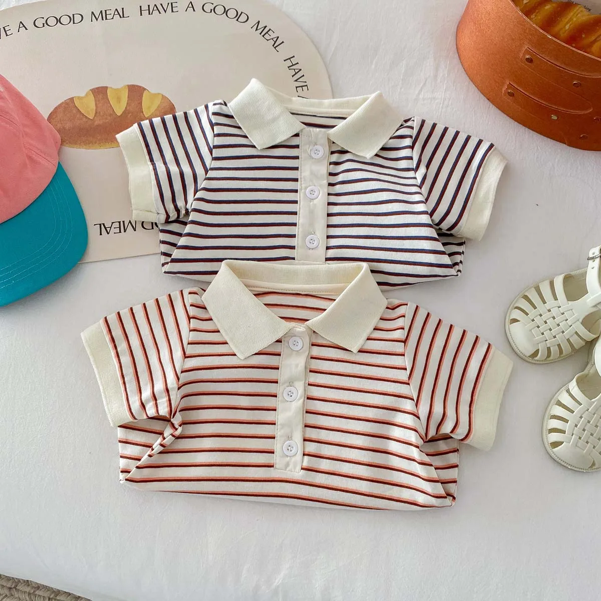 Summer Baby Boys Girls Jumpsuit 0-2 Years Old Newborn Baby Romper Cotton Striped Polo Collar Short Sleeved Infant Bodysuit