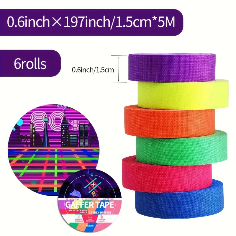 6pcs/set Gaffer Fluorescent Tape Self Adhesive Sticker Reactive Black Light Reactive Photography Home Decor DIY Crafts