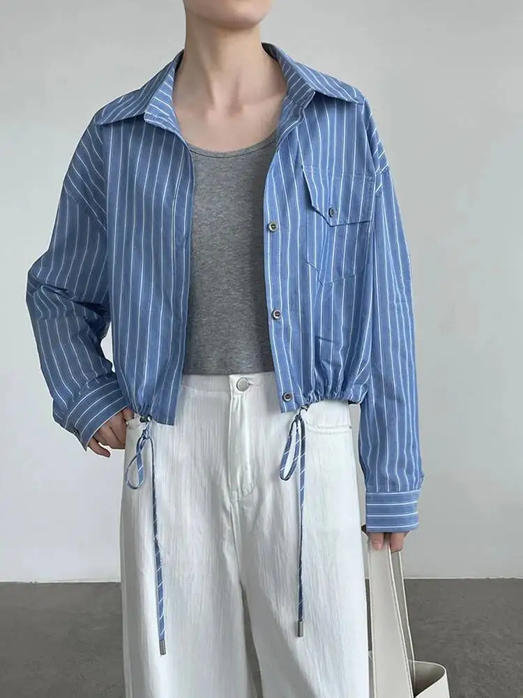 Women Blue Striped Drawstring Big Size Casual Blouse New Lapel Long Sleeve Shirt Fashion Tide Spring Autumn