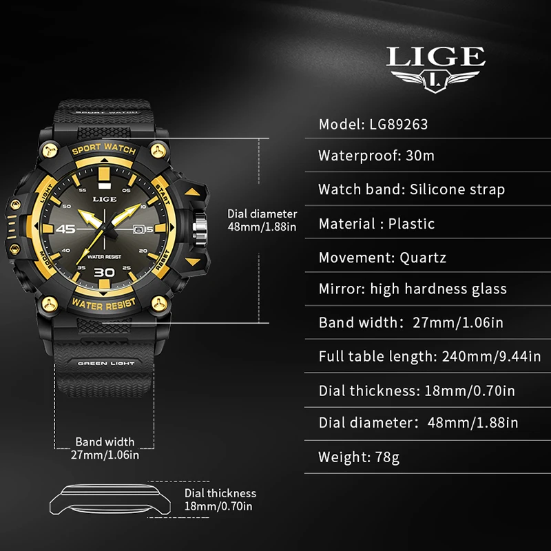 ساعة كوارتز رياضية كاجوال للرجال من LIGE، حزام سيليكون خارجي، ساعات بسيطة خفيفة مقاومة للماء للرجال، ساعات رجالية للتاريخ التلقائي #6