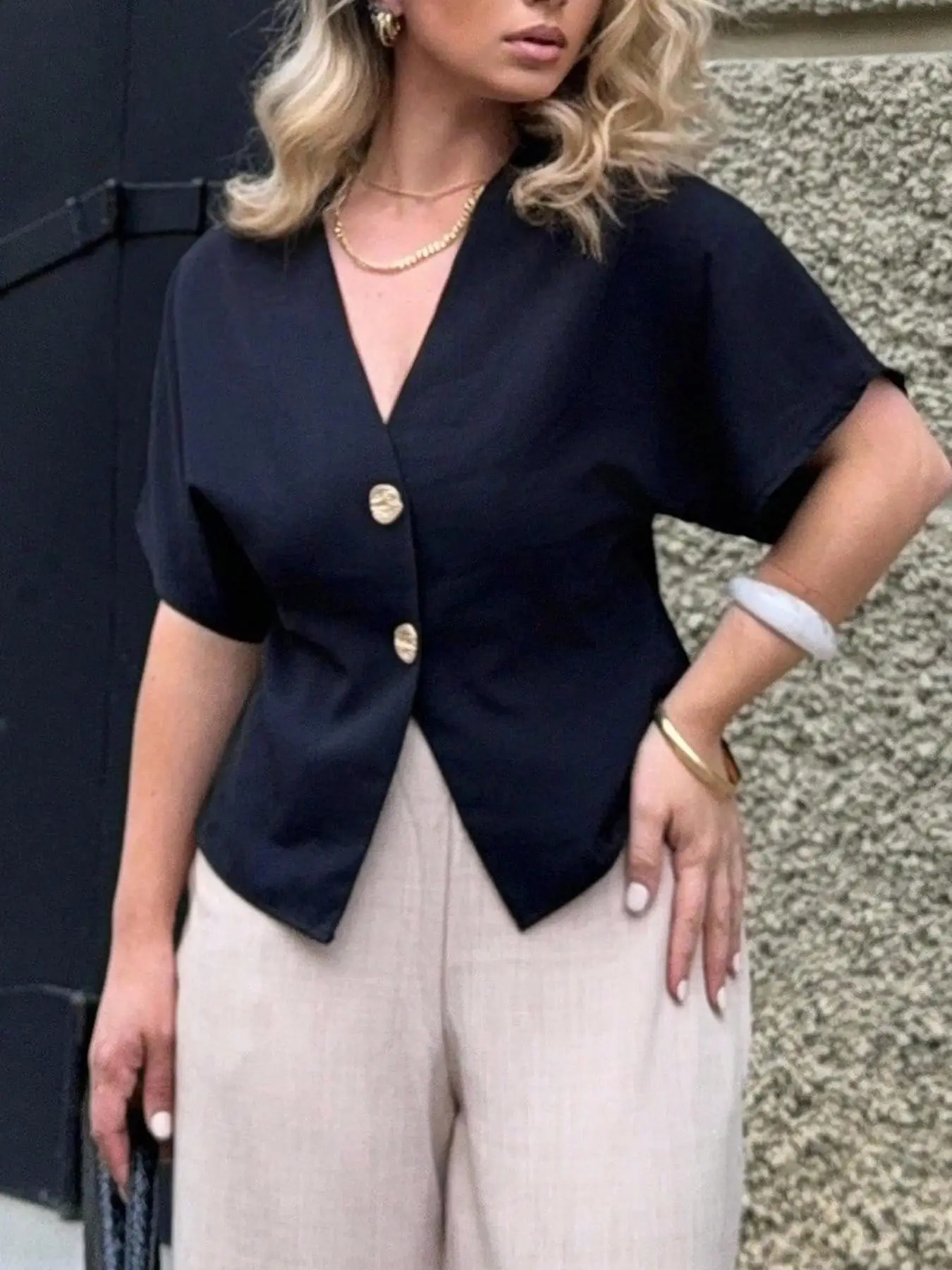 

Women's Solid Color V-Neck Trim Shirt Short Sleeve with Golden Button Details Loose Fit Single Piece