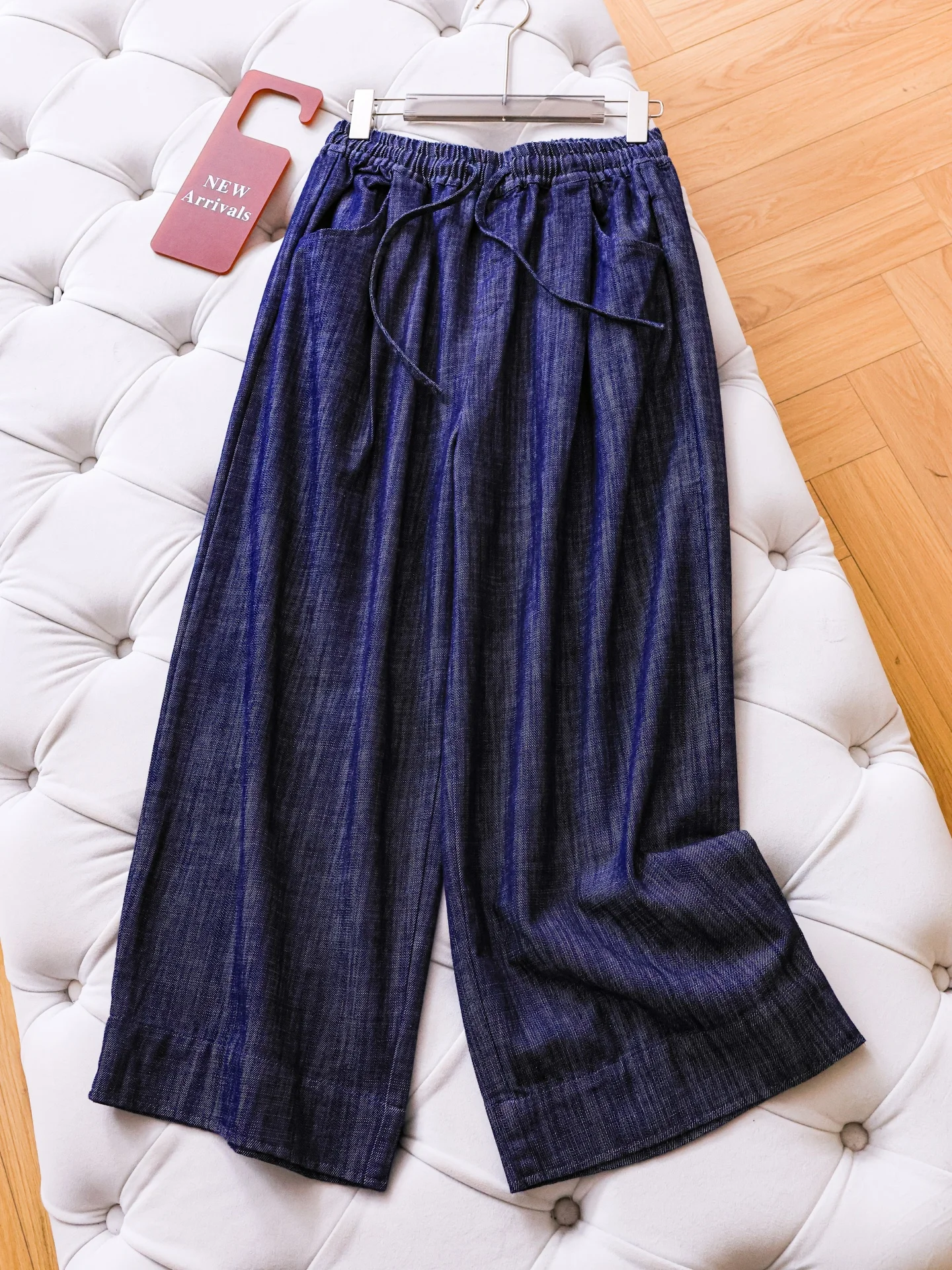 

Deep Blue Drawstring Elastic Waist Wide Leg Pants Slim Straight Jeans Women's Denim Skinnies Nine Point E283 Linen Blend