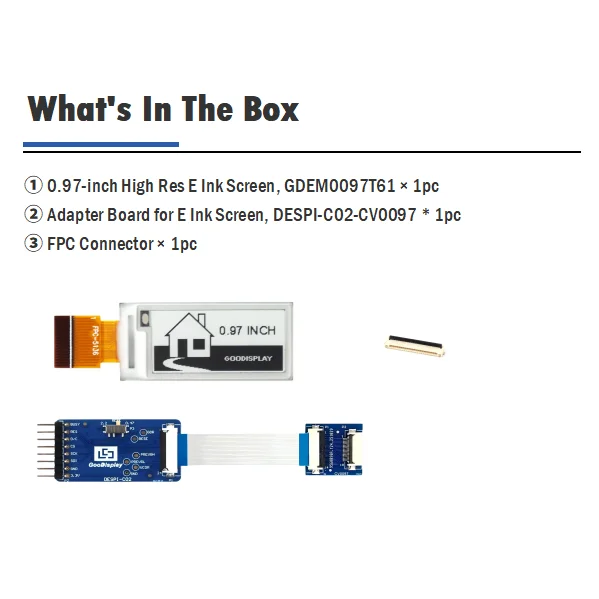 Ultra Compact 0.97 Inch Mini Epaper 184x88 pixels SPI Small E Ink display, GDEM0097T61 with Epaper HAT Connection Adapter Board