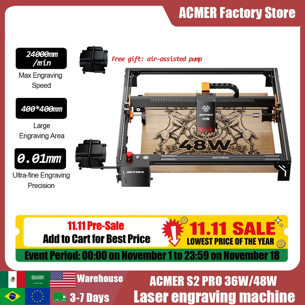 ACMER S2 PRO 36W/48W Laser Engraver Machine with APP WIFI Offline Control Blue Diode CNC Woodworking Tools Laser Cutting Machine