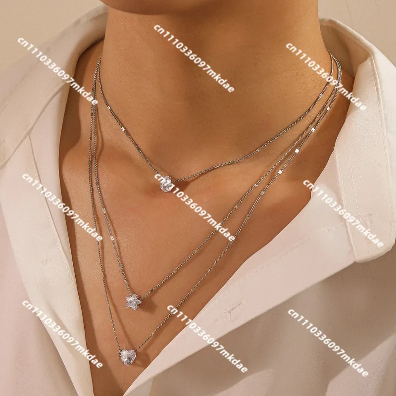 Multi-layer pentagram love water drop pendant necklace, fashionable and simple style women's collarbone chain