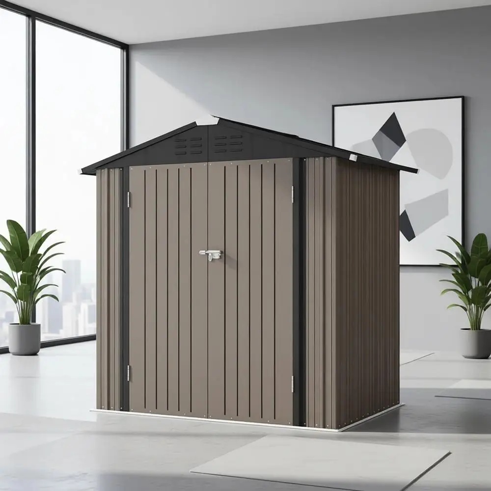 6x4 Outdoor Storage Shed with Sloping Roof and Double Lockable Doors for Garden Tools and Patio Lawn, Brown