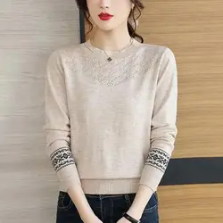 New Style Spring and Autumn Women's Contrast Color O-Neck Long Sleeved Hollow Out Pullovers Fashion Casual All Match Tops