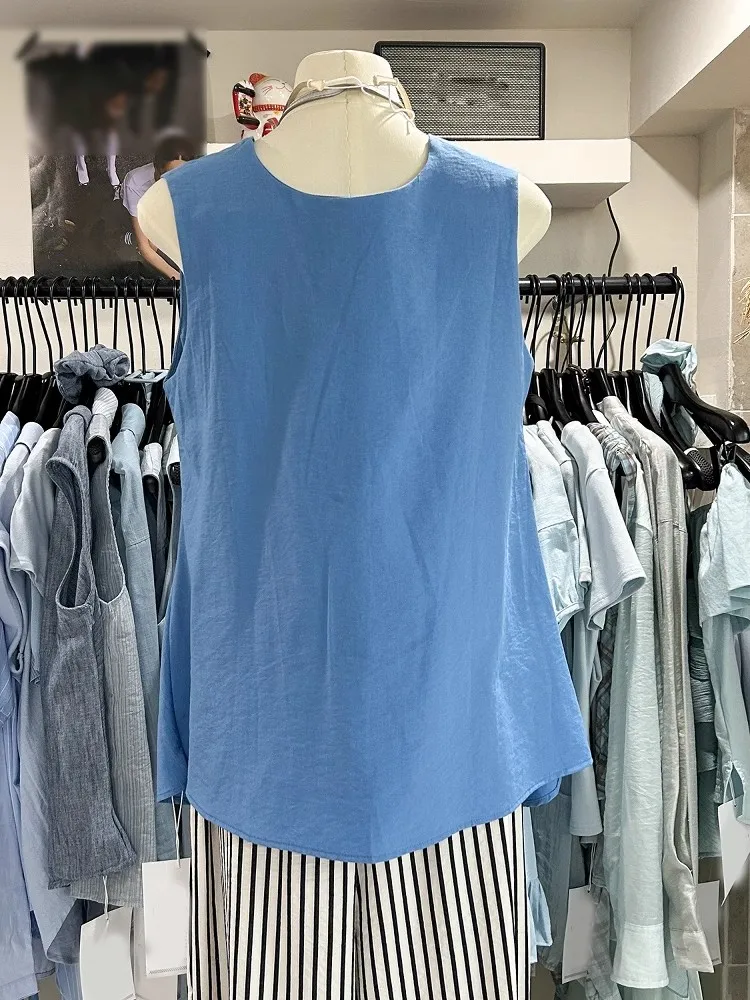 우아한 V넥 매듭 디자인 민소매 셔츠 여성용 루즈핏 블루 베스트 패셔너블 니치 탑 한국 스타일 여름 캐주얼웨어