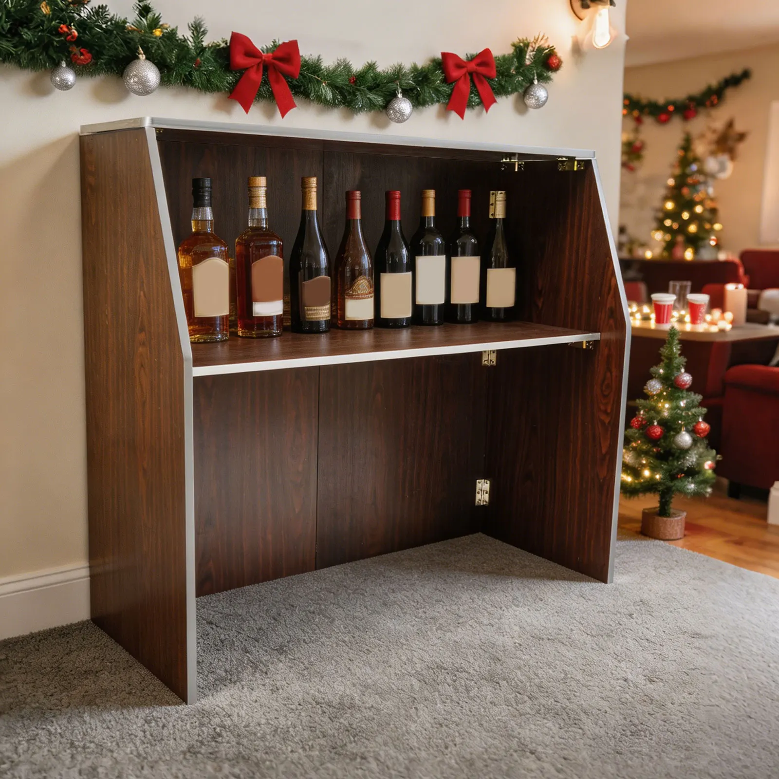 Foldable Portable Event Bar, Brown Portable Bar Cabinet with Aluminum Edge Banding,47.75×19.5×42.75in for Party, Picnic, Catering, Trade Show