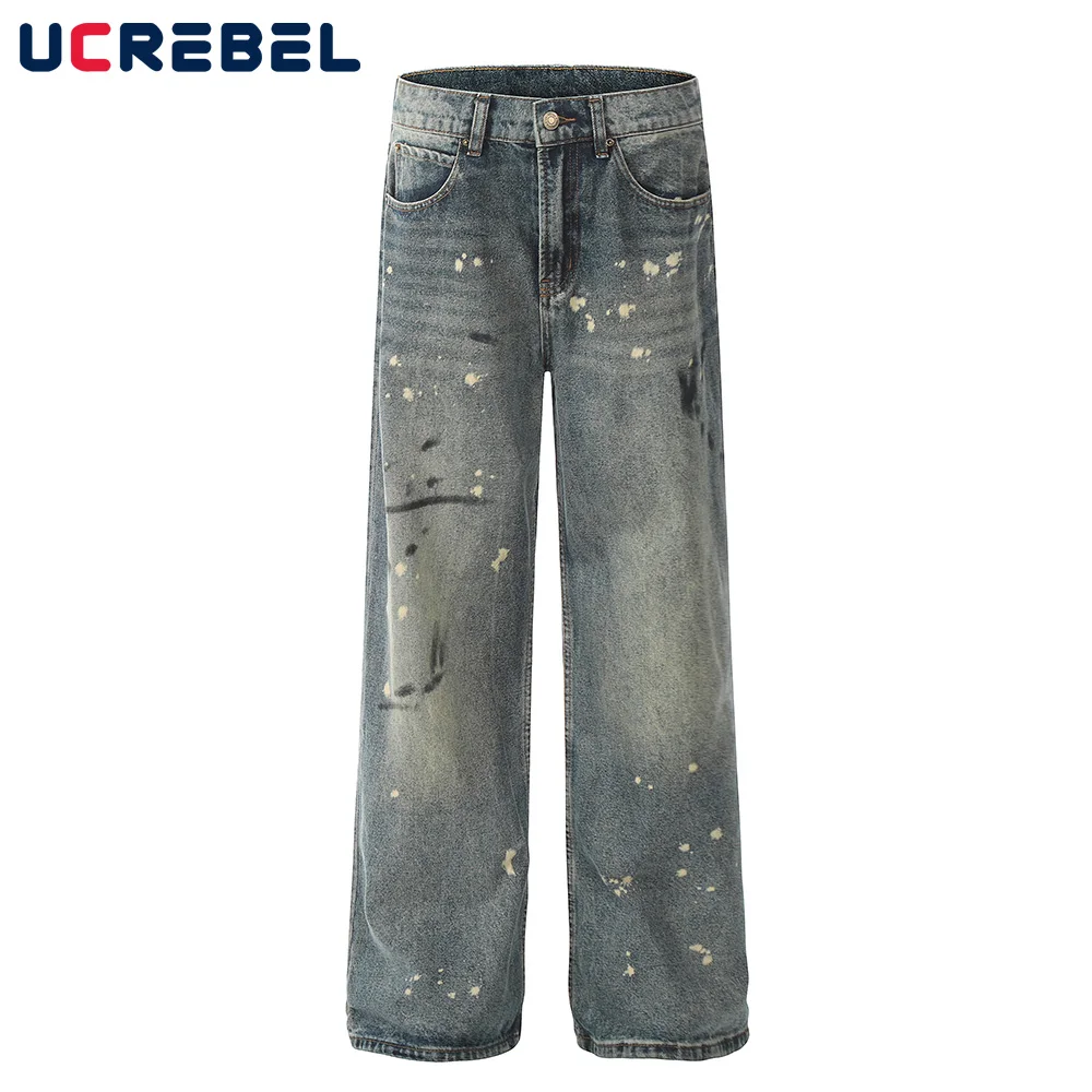 

Splash Ink Dirty Wash Jeans Mens High Street Distressed Loose Straight Wide Leg Denim Pants Men Trousers