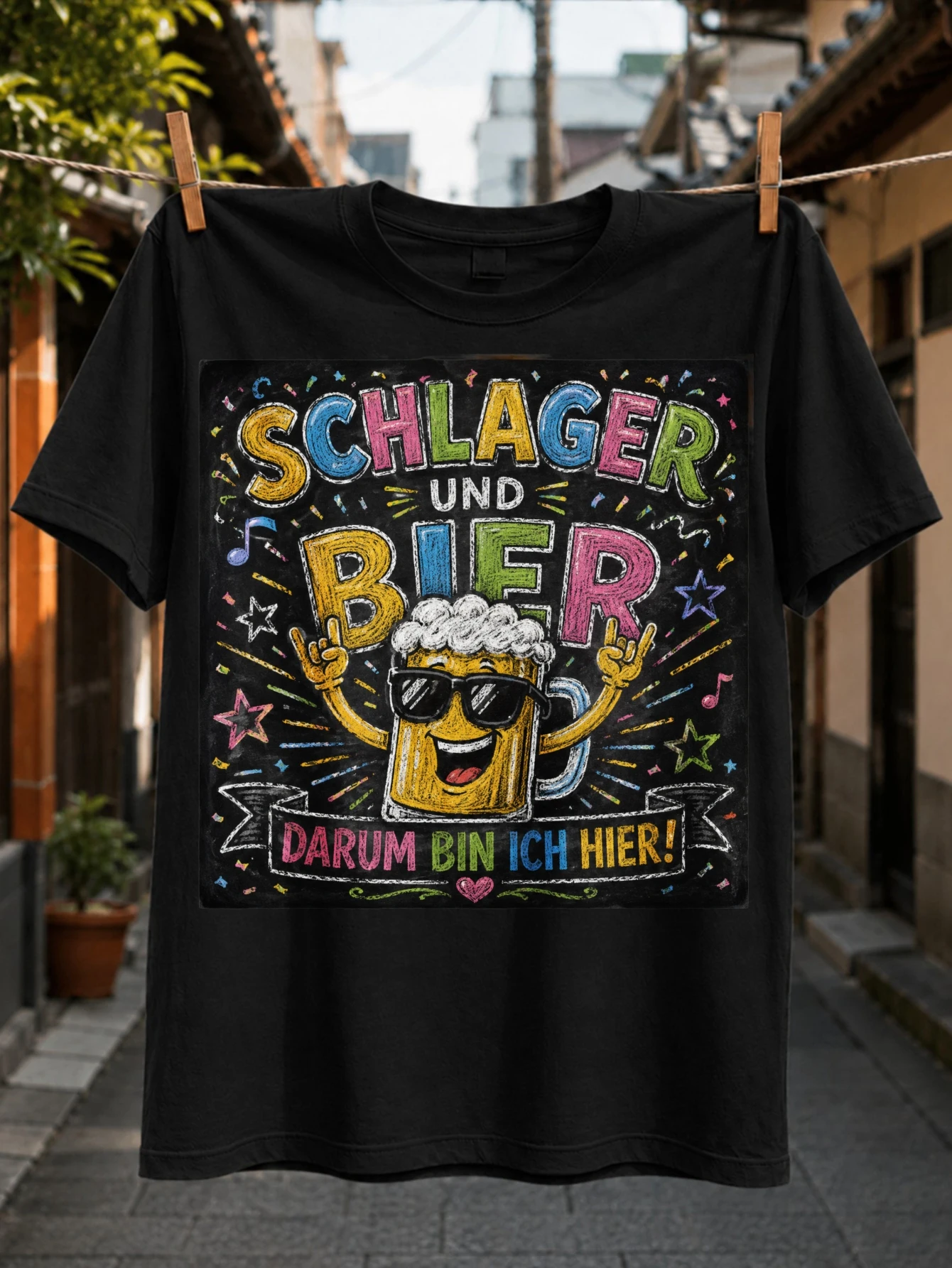 Schlager Und Bier Tee with chalk beer glass music notes stars confetti colorful German party  Unisex All T-Shirt