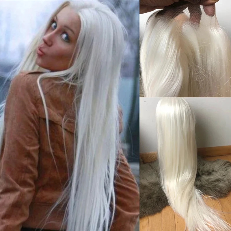 28 inches White Blonde Straight Lace Front Wig for Women Soft Straight Snow Colored Wig Heat Friendly Fibre HD Lace Wig Cosplay