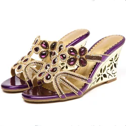 Med Shoes Woman 2025 Slippers Summer Heeled Mules Glitter Slides On A Wedge Pantofle High Jelly Fretwork New TPR Crystal Sexy PU