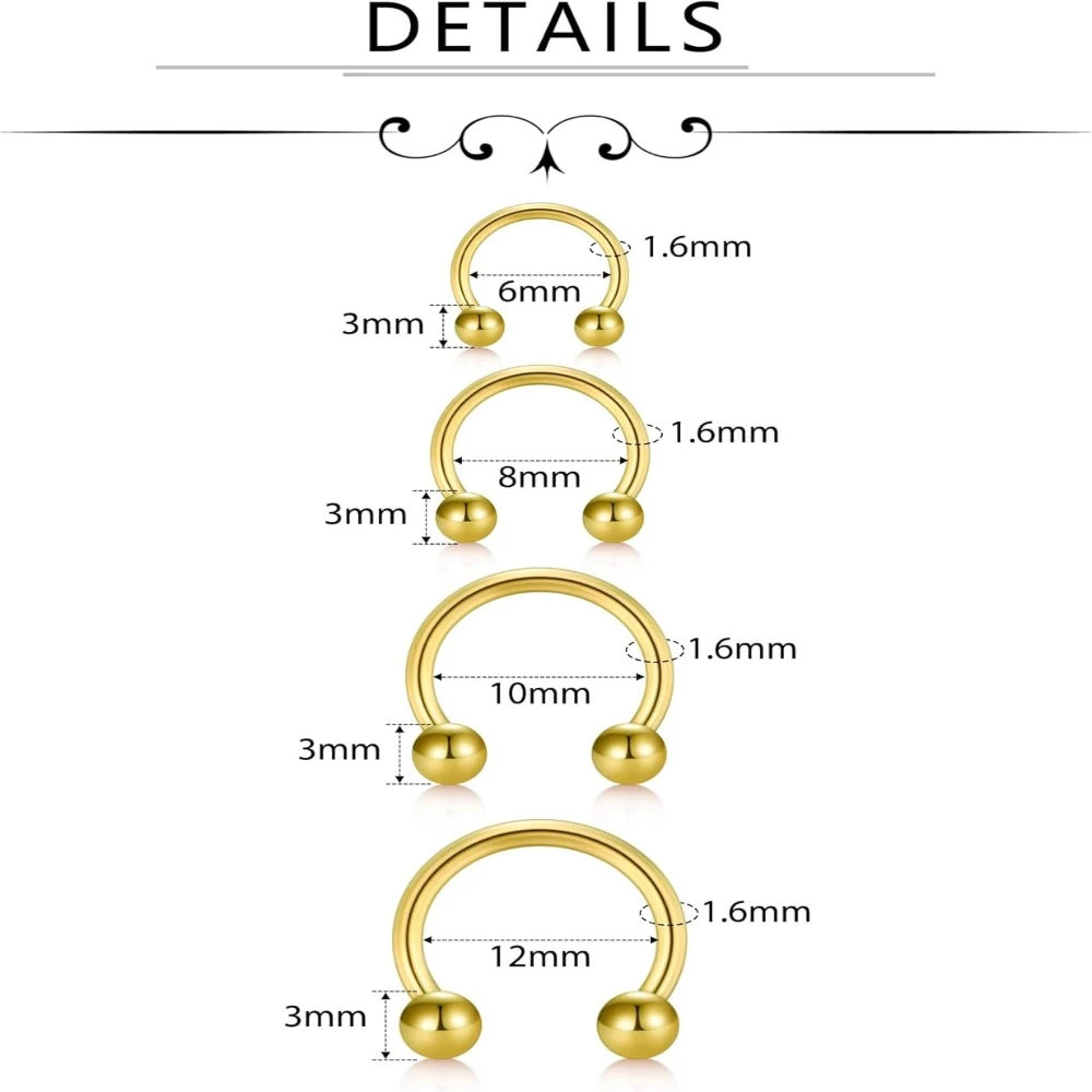 12pcs 20G Horseshoe Septum Rings, Surgical Steel Nose Piercing Jewelry Cartilage Helix Tragus Earring Hoop Eyebrow Lip Retainer