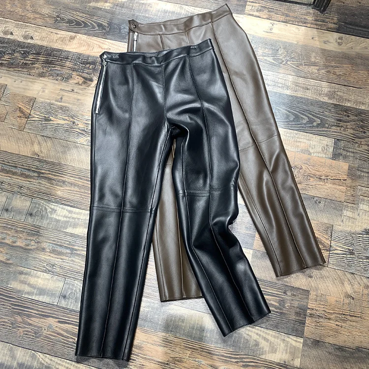 2022 Autumn OL Elegant Women's High Quality High-rise Sheepskin Leather Pencil Pants C883