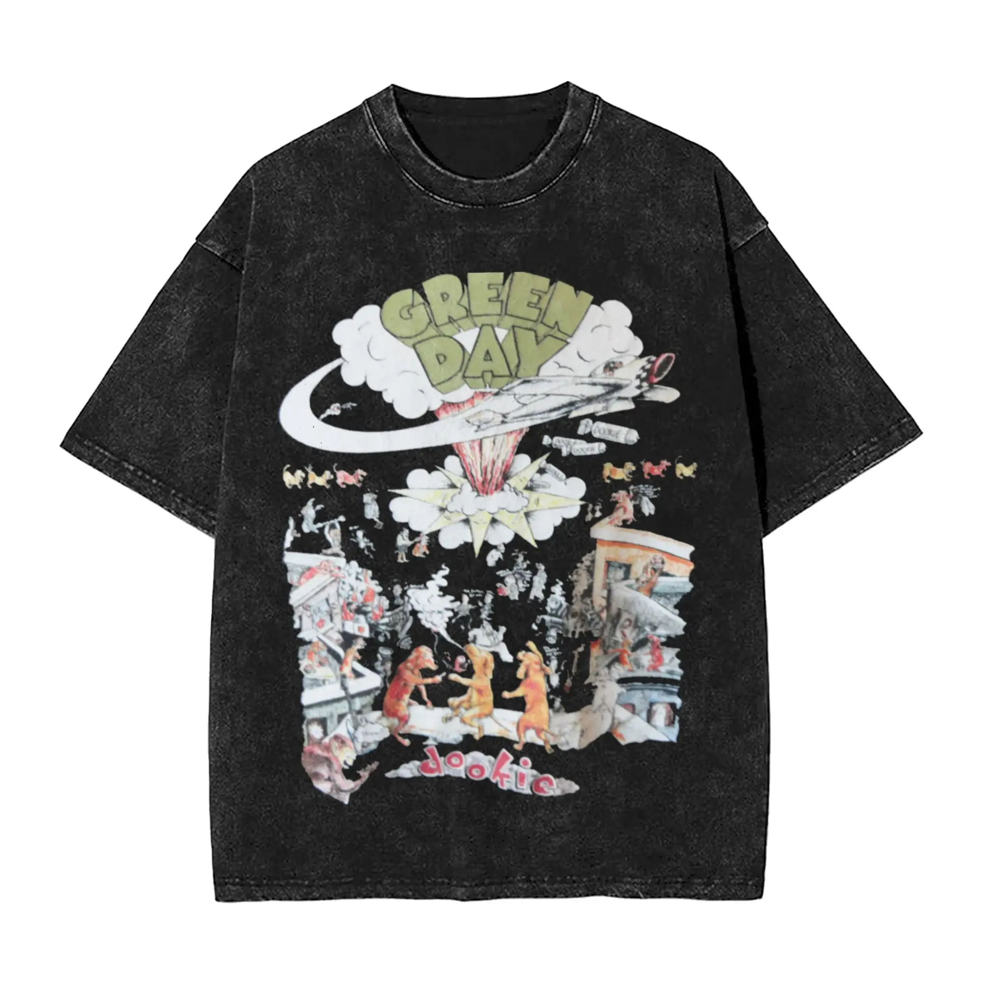 

Harajuku Washed Shirts green day rock metal band tour Outfit Vintage T-Shirts High Street Streetwear Cotton Summer Tee Shirt