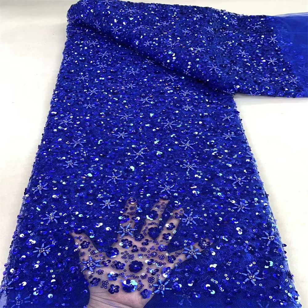 

5 Yards Tulle Net African Lace Fabric Beaded Lace 2024 High Quality Nigeria Sequin Fabrics for Wedding Evening Dress Sewing