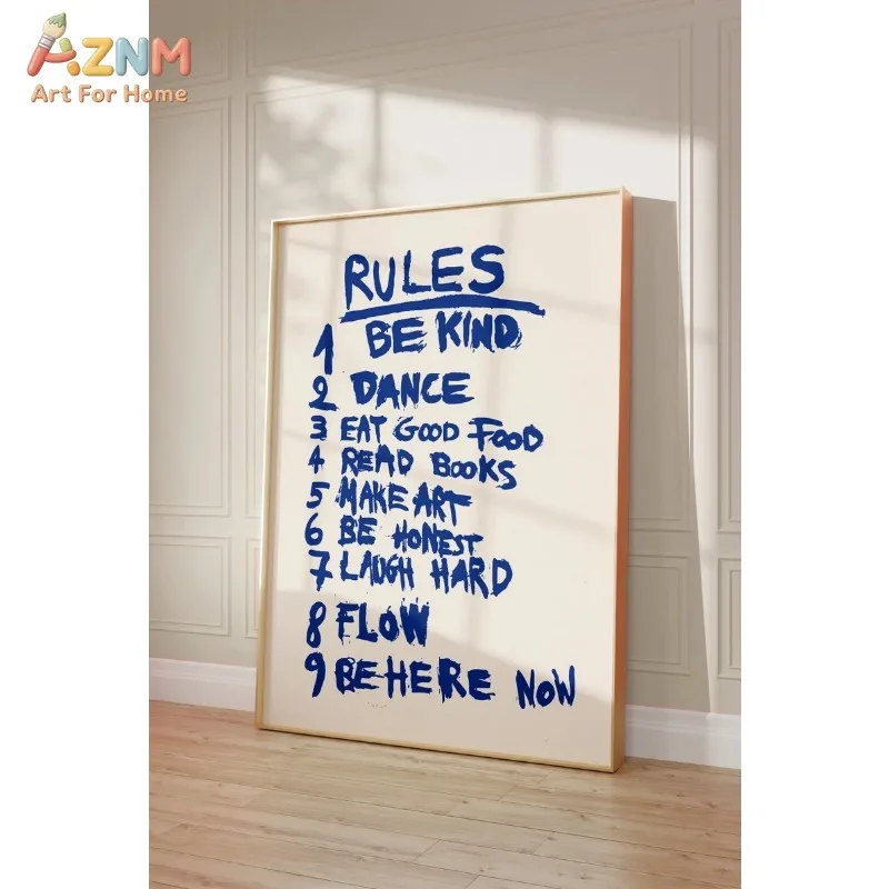 AZNM Rules Be Kind Be Here Now Canvas Wall Art, Inspirational Quote Print, Frameless Motivational Typography Canvas Painting for
