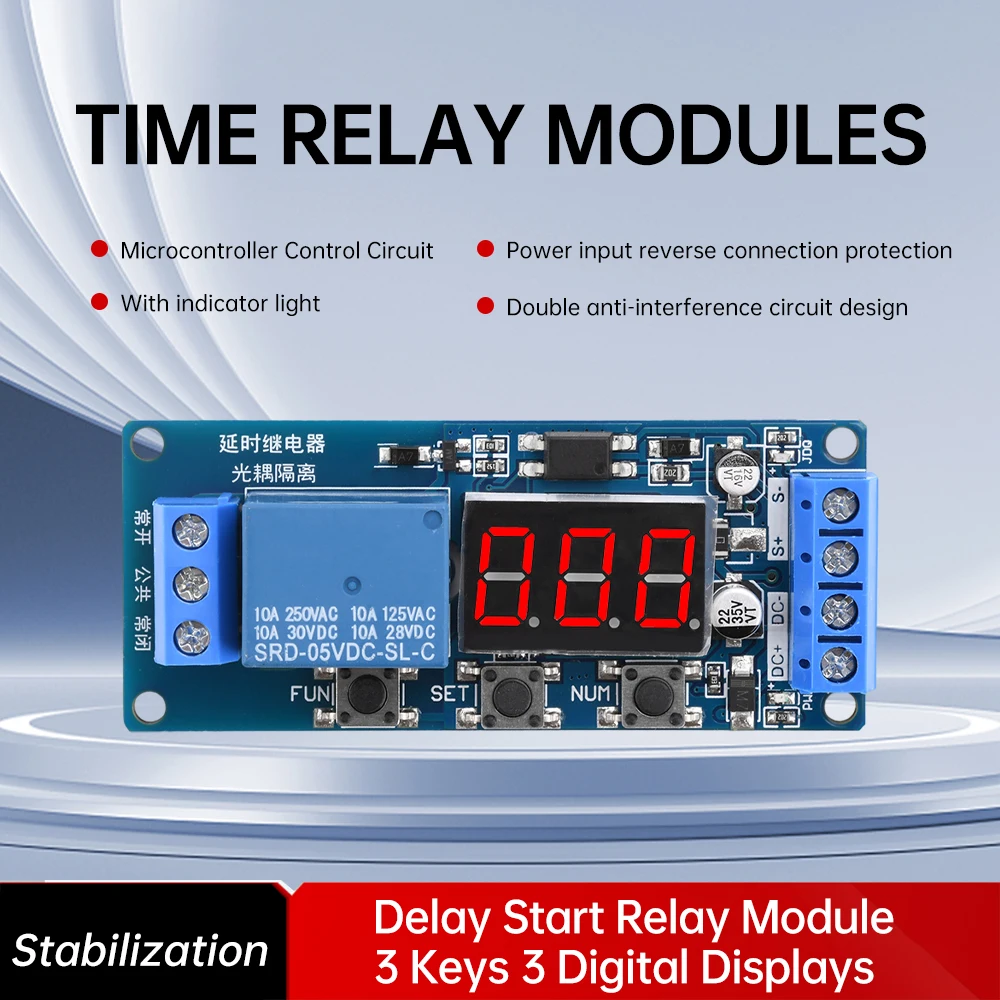 3.3V 5V 12V 24V Time Relay Module Multi Functional 3 Buttons 3 Digital Display Delay Start Relay Module Strong Anti-interference