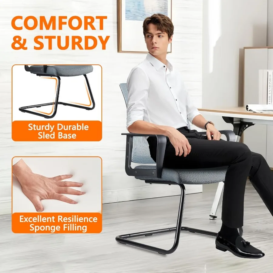 Kursi Kantor Rumah Tanpa Roda Set 2 Kursi Komputer Ergonomis Eksekutif Sandaran Sedang Berbahan Jaring Udara dengan Sandaran Tangan yang Nyaman dan