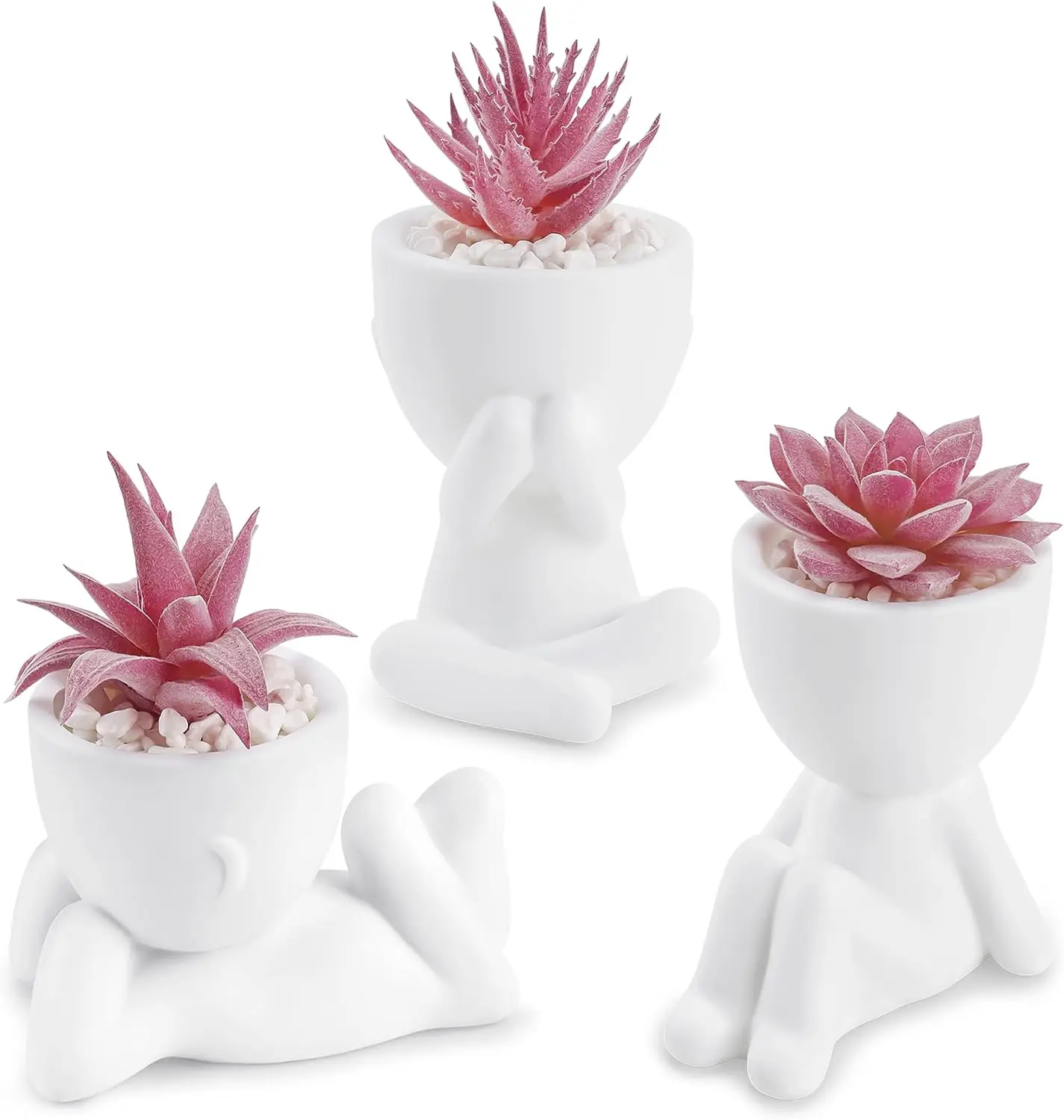 3 Pack Pink Fake Succulents in Human-Shaped Pots for Desk Decor | Playful sculptural planters, varied poses, maintenance-free pi
