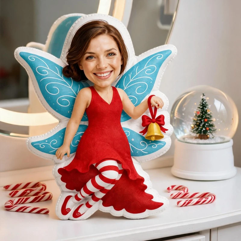 Custom Personalized Photo Face Pillow, Red Dress & Blue Wings Angel Style Custom Shaped Decorative Cushion, Unique Home Decor Ac