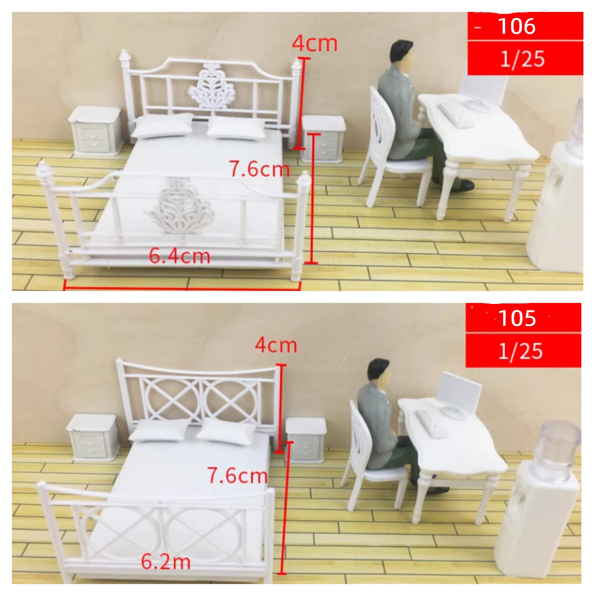 Cama modelo de casa de muñecas, mueble en miniatura, decoración de escena de dormitorio, juguete artesanal de plástico, 3 piezas, 1/25