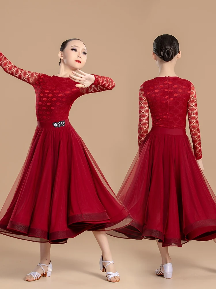 Ballroom Dance Competition Dress Girls Red Long Sleeve Dresses Standard Waltz Modern Dancing Costume Practice Clothes VDL347