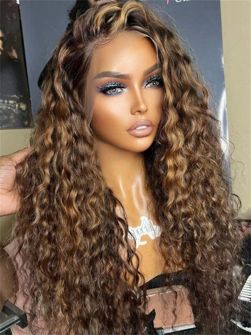 Soft Glueless Highlight Blonde Long 26“ Kinky Curly Lace Front Wig For Women With Baby Hair Preplucked Heat Resistant Synthetic