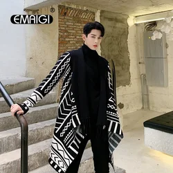 Men Long Sleeve Geometric Pattern Tassel No Button Knitted Cardigan Sweater Coat Male Japan Streetwear Jacket Outerwear