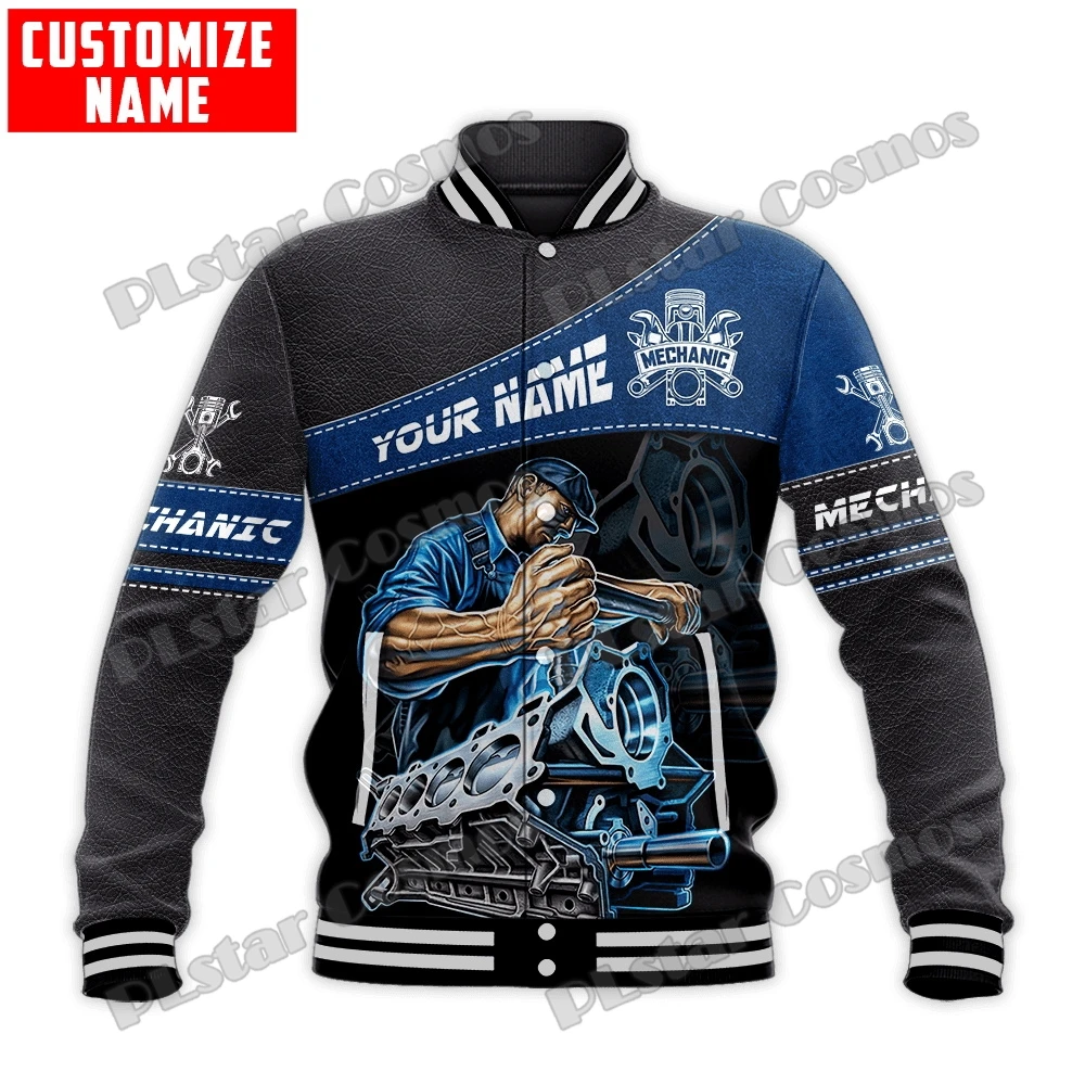 Personalized Name Mechanic Pattern 3D Printed Fashion Mens Baseball Varsity Jacket Unisex Casual Winter Baseball Jacket BQF03