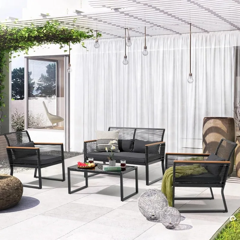 

4 Piece Patio Furniture Set, Outdoor Wicker Bistro Set, All-Weather Black PE Rattan Conversation Set w/Coffee Table, L