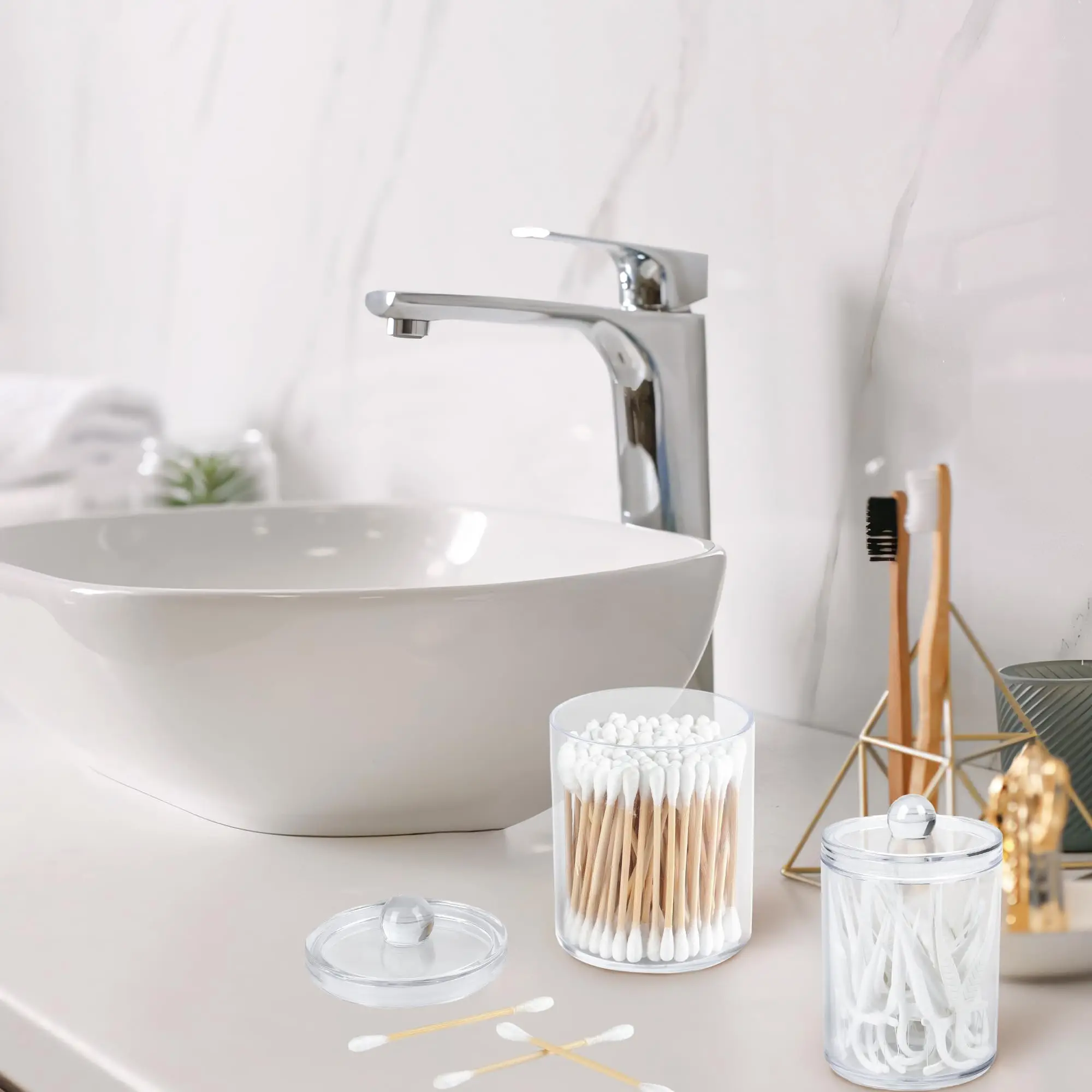 2/4 Pack Holder Dispenser with Lid Clear Plastic Bathroom Vanity Canisters Jars Cotton Balls Pads Swabs Holder Jar for Home