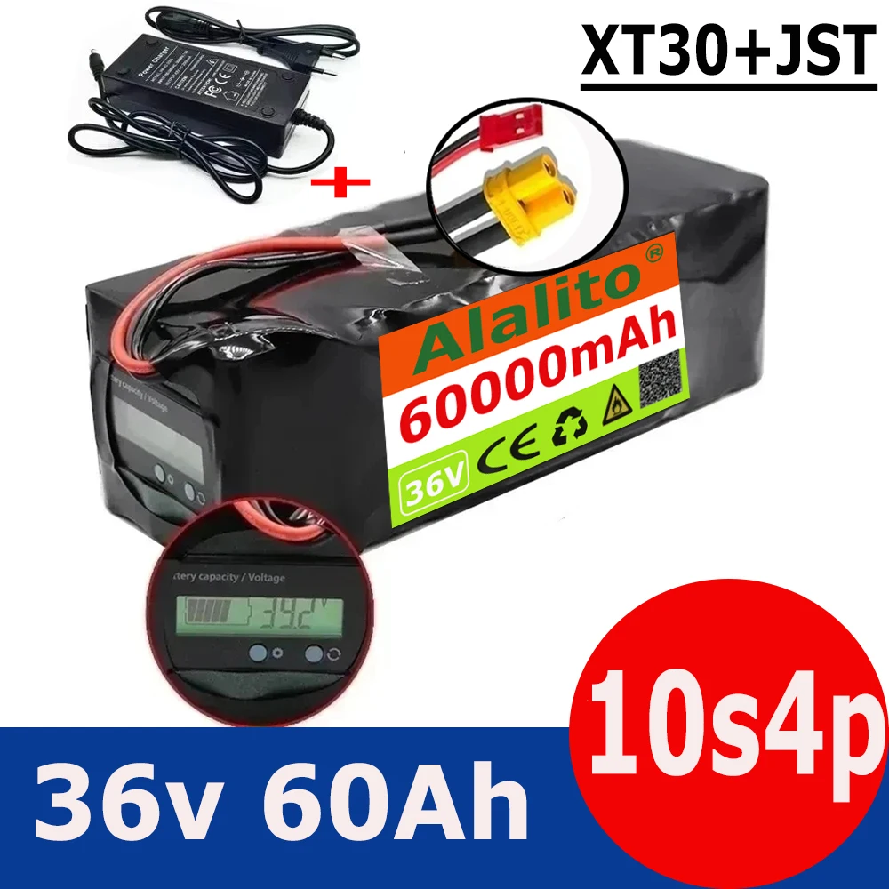 36V Battery 10S4P 60Ah Battery Pack 500W High Power Battery 42V 60000mAh Ebike Electric Bicycle xt60 BMS with Capacity Indicator