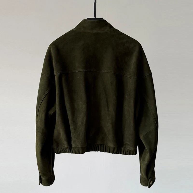 Veste en daim pour femme, manteau importé en peau de chèvre, hauts décontractés, col montant, ample, en cuir véritable, court, nouvelle collection 2026