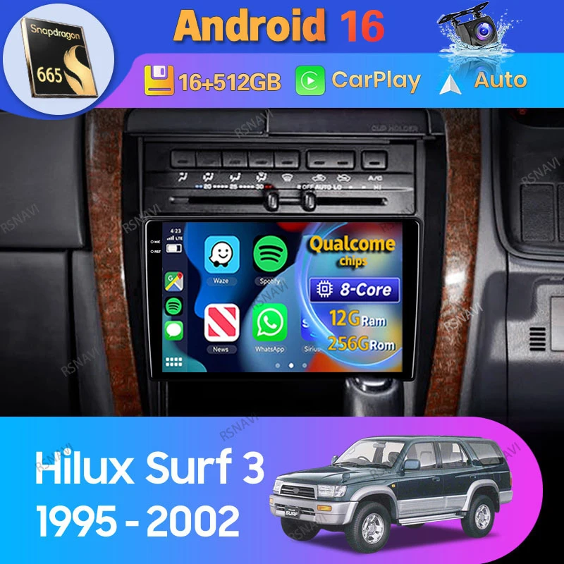 Android 16 Car Radio For Toyota Hilux Surf 3 N180 1995 - 2002 Right hand drive Carplay Auto DSP 2Din Player Stereo WIFI+4G Video