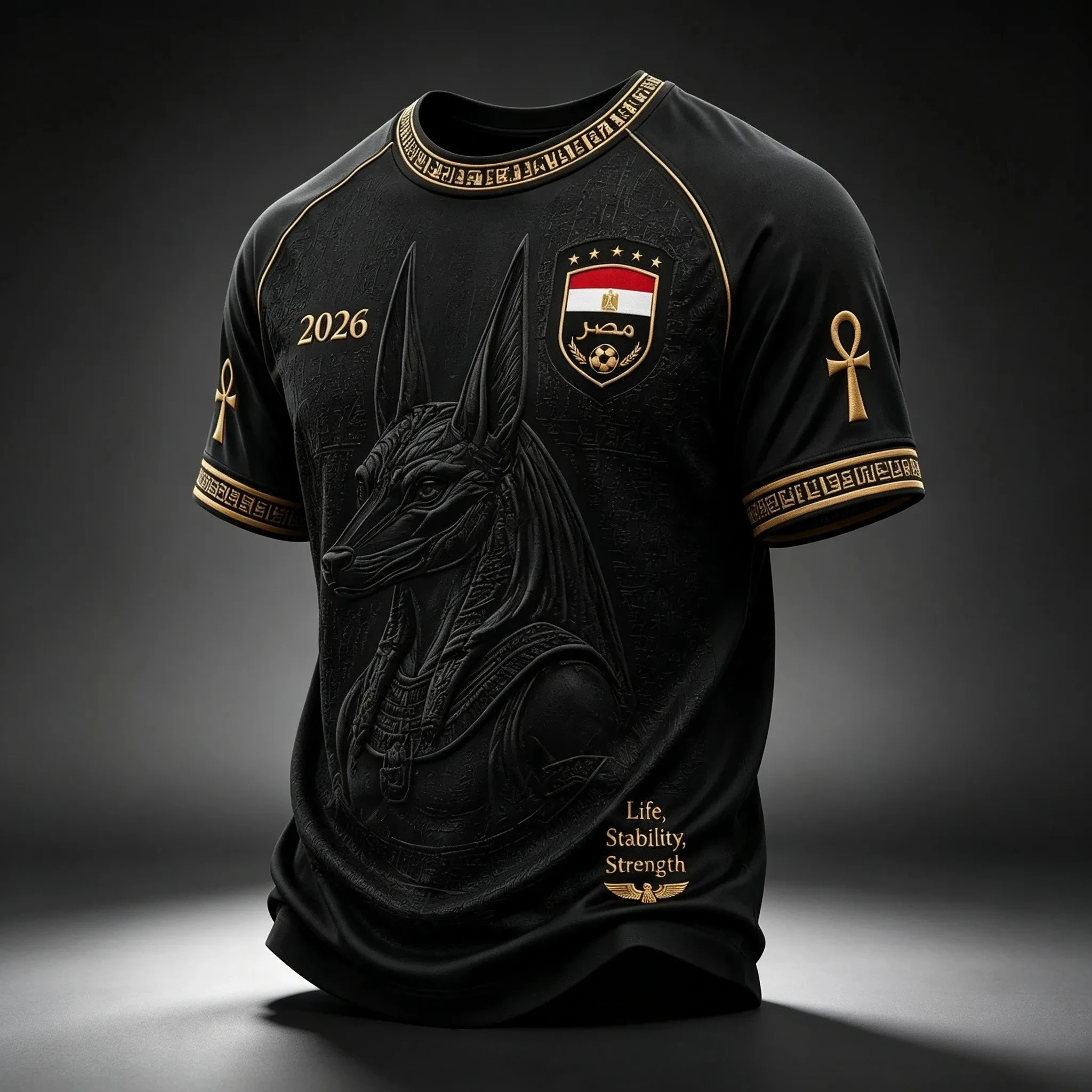 2026 Summer Men Egypt National Team Raglan Football Shirt Full Ancient Egyptian Relief Jacquard Quick Dry Breathable Fan Sport