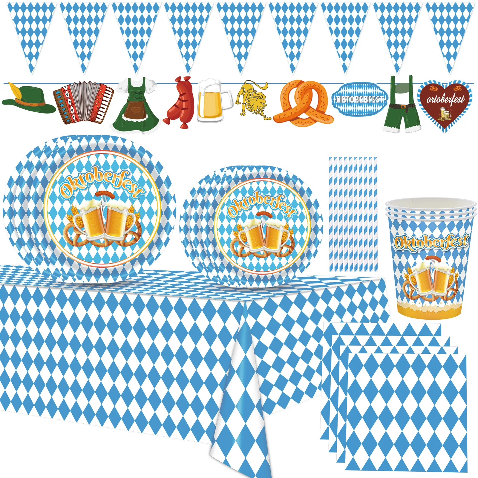 124-teiliges Münchner-Partygeschirr mit Oktoberfest-Motiv, blau-weiß kariertes Papierfach, Taschentuch-Tischdecke-Set, Geburtstagsdekoration